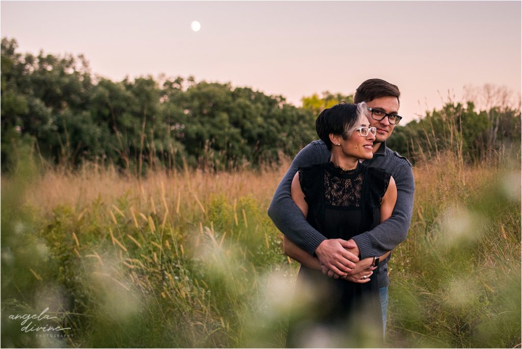 Coldwater Spring Minneapolis Engagement Session sunset with moon