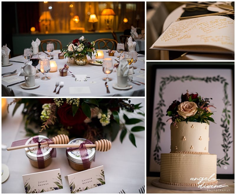 wedding cake and table setting and guest book