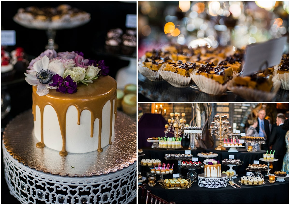 wedding cake and dessert table