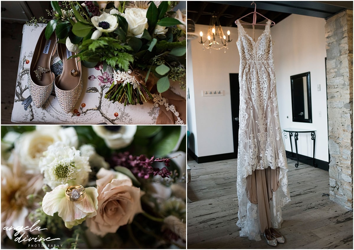 wedding dress, shoes, and flowers