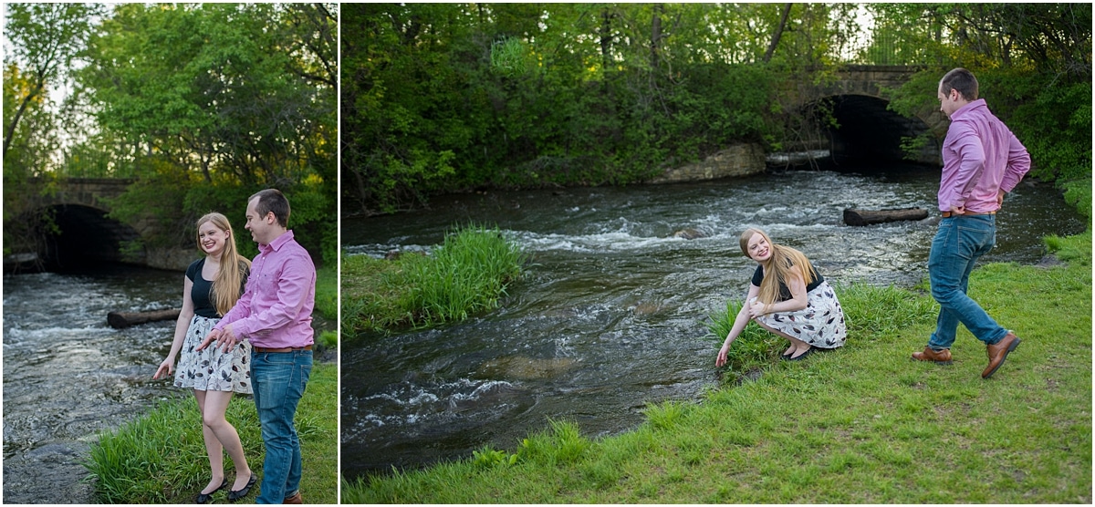 Minneapolis waterfall engagement session bridge over water