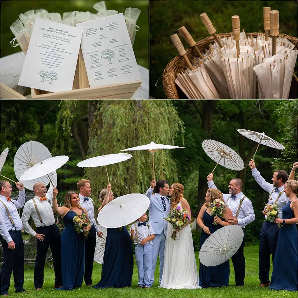 bridal party, ceremony programs, and umbrellas