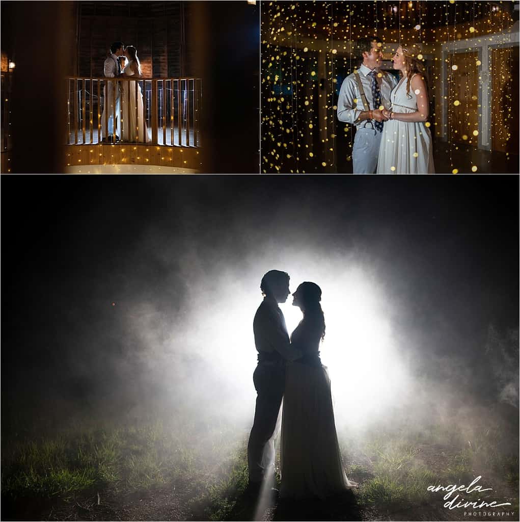 bride and groom under twinkle lights