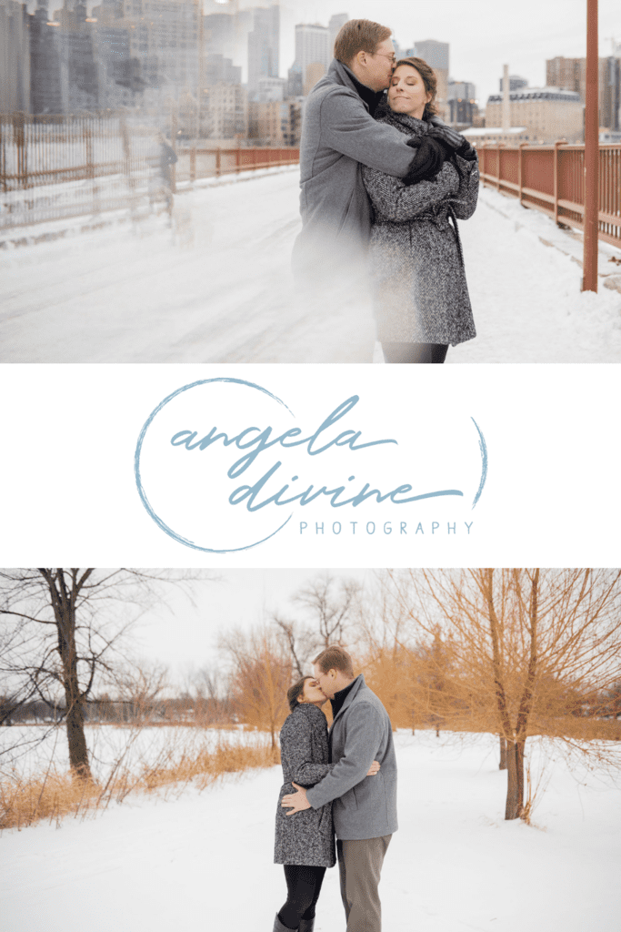 Lisa and Eric met on an ultimate frisbee team! For their winter engagement session, they bundled themselves and their sweet pup Beetle up for photos at Lake Nokomis where they first played frisbee and the Stone Arch Bridge. Visit my blog to see more of their photos! | Angela Divine Photography | Minneapolis wedding + brand photographer | #engagementshoot #engagementsession #engagementphotos | https://angeladivinephotography.com/minneapolis-winter-engagement-session-lake-nokomis-stone-arch-bridge