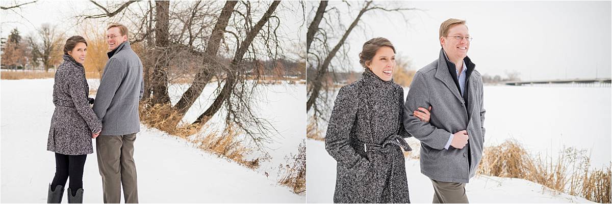 Minneapolis winter engagement session couple walking on a snowy path