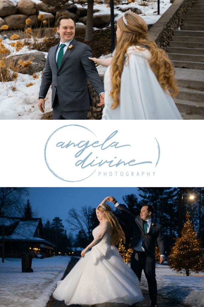 These pictures are from a winter wedding I photographed at Grand View Lodge in Nisswa, Minnesota. Visit my blog for more photographs from their magical ceremony – and all the puppies! | Angela Divine Photography | Minneapolis wedding + brand photographer | #wedding #minnesota #winterwedding #grandviewlodge | https://angeladivinephotography.com/grand-view-lodge-winter-wedding-gina-mike