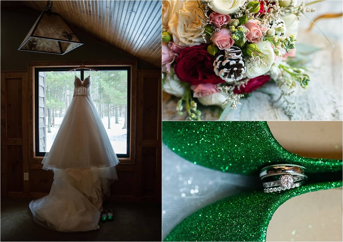 wedding gown, emerald green shoes, rings, and bouquet