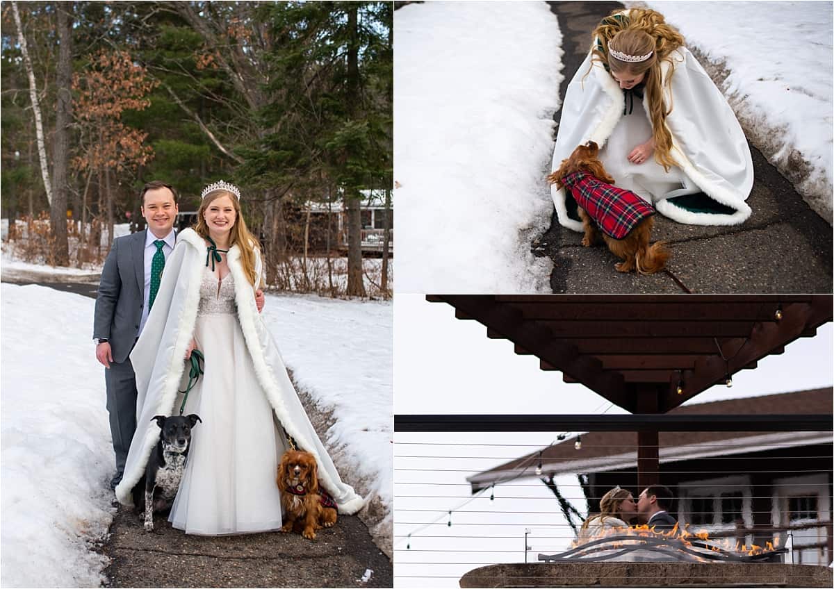 bride and groom in snow with dog and fire pit