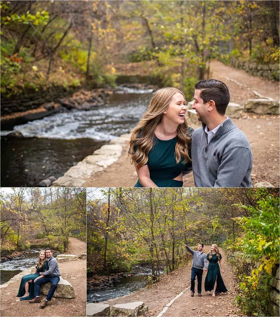 Minnehaha Falls Engagement Photography on wooded path by stream