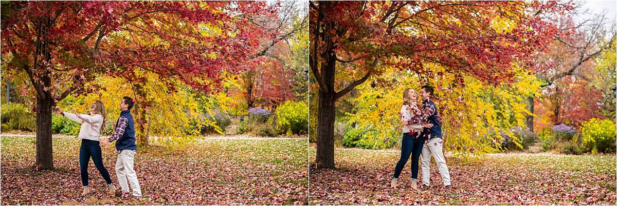 Minnehaha Falls Engagement Photography playing in leaves