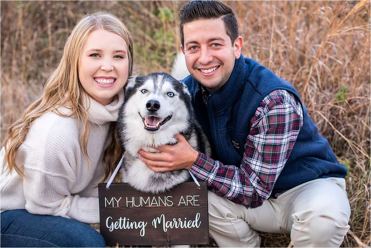 couple and dog with sign that says my humans are getting married
