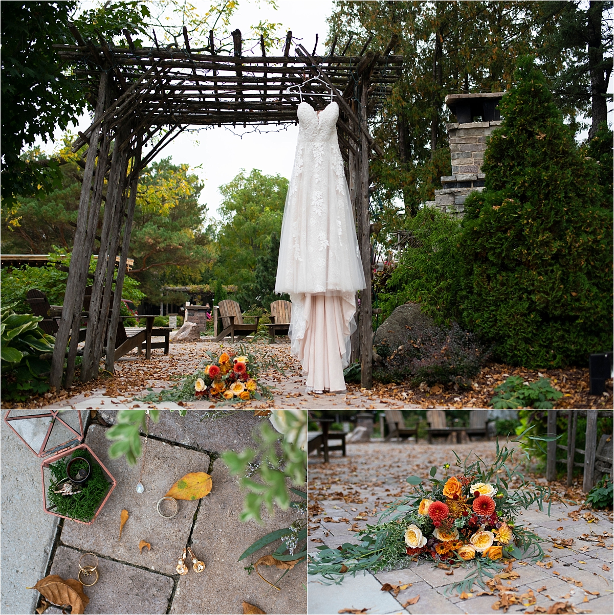 The Gardens of Castle Rock fall wedding dress and bouquet