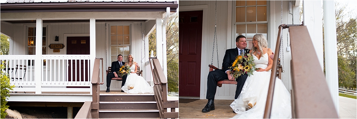 bride and groom sitting on porch