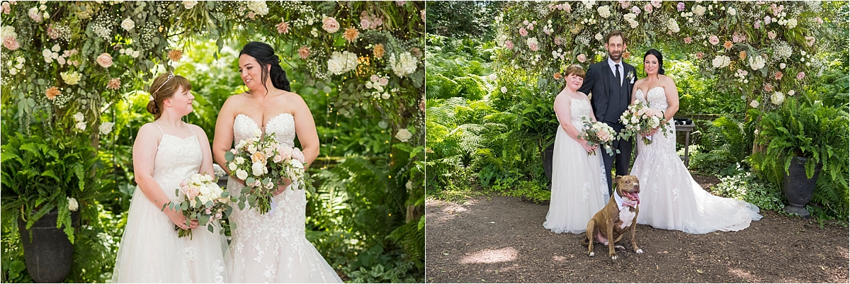 portraits of bride, groom, daughter, and dog