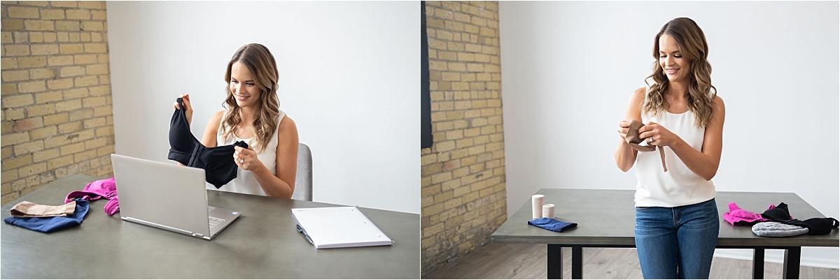 Minneapolis Brand Photography for Cancer Rehab PT woman holding bra and underwear