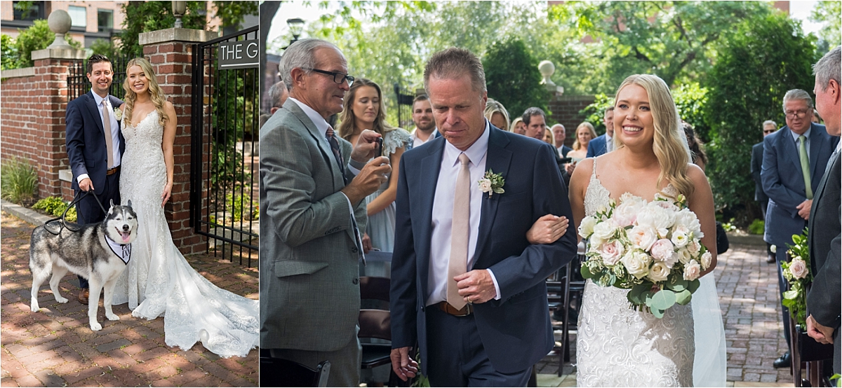Minneapolis Event Centers Wedding bride walking down the aisle and bride and groom with dog