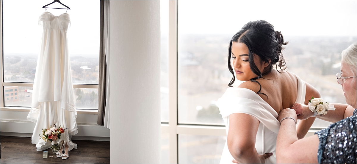 Minneapolis Marriott Southwest wedding dress on hanger and bride getting ready
