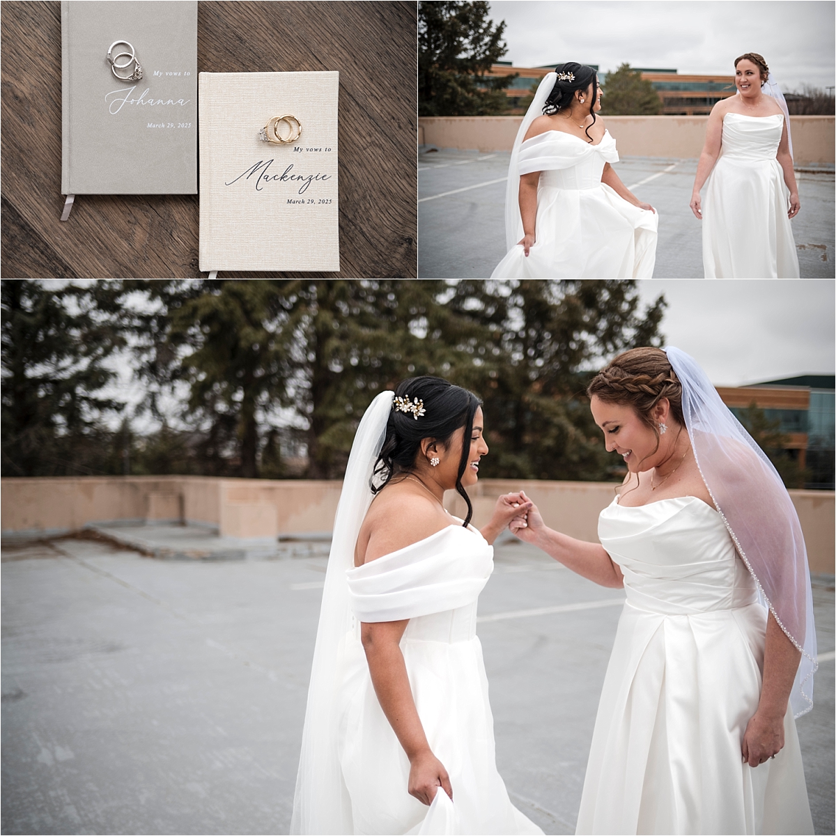 Minneapolis Marriott Southwest brides first look outside and books of vows