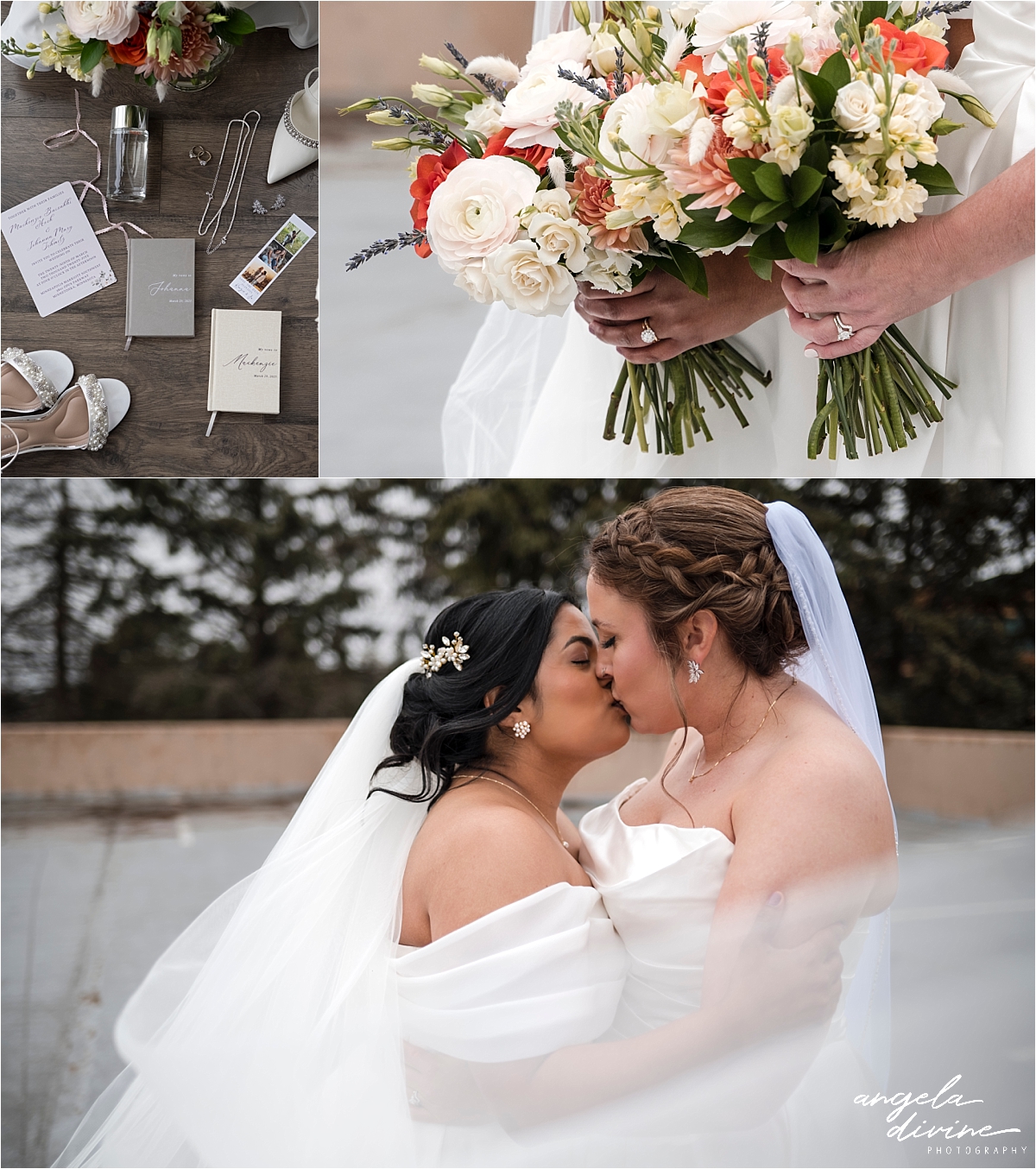 Minneapolis Marriott Southwest brides kiss and a closeup of bouquets