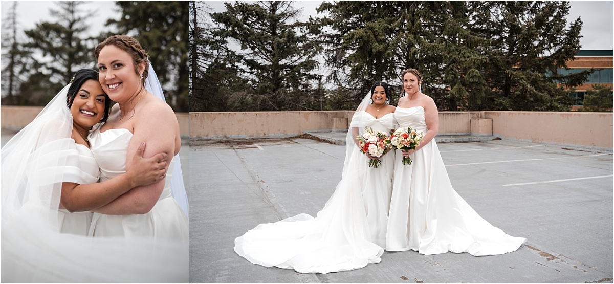 Minneapolis Marriott Southwest brides embrace outside in parking lot
