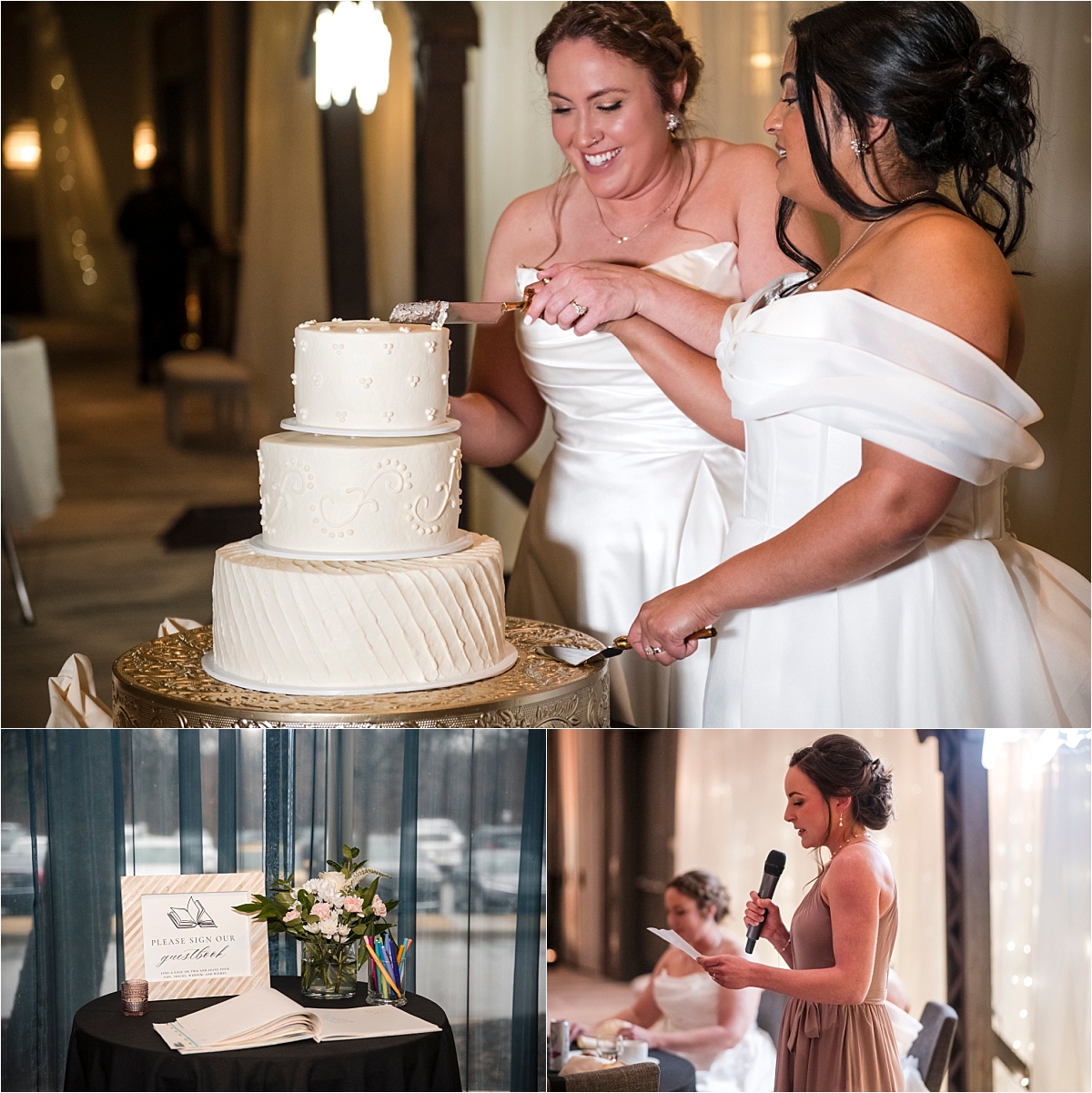 Minneapolis Marriott Southwest wedding toast, guest book, and cake cutting