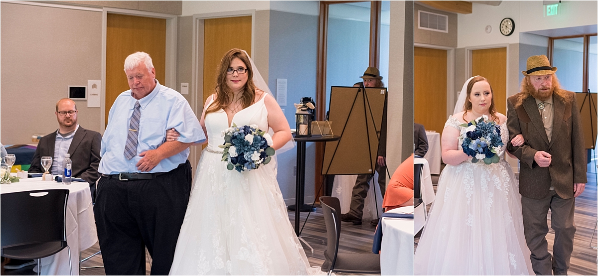 Westwood nature center LGBTQ wedding brides walking down the aisle with fathers.