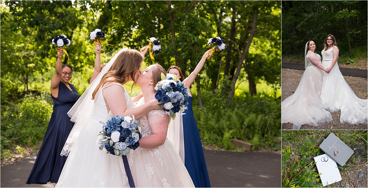 Westwood nature center LGBTQ wedding brides kissing holding hands and wedding rings.