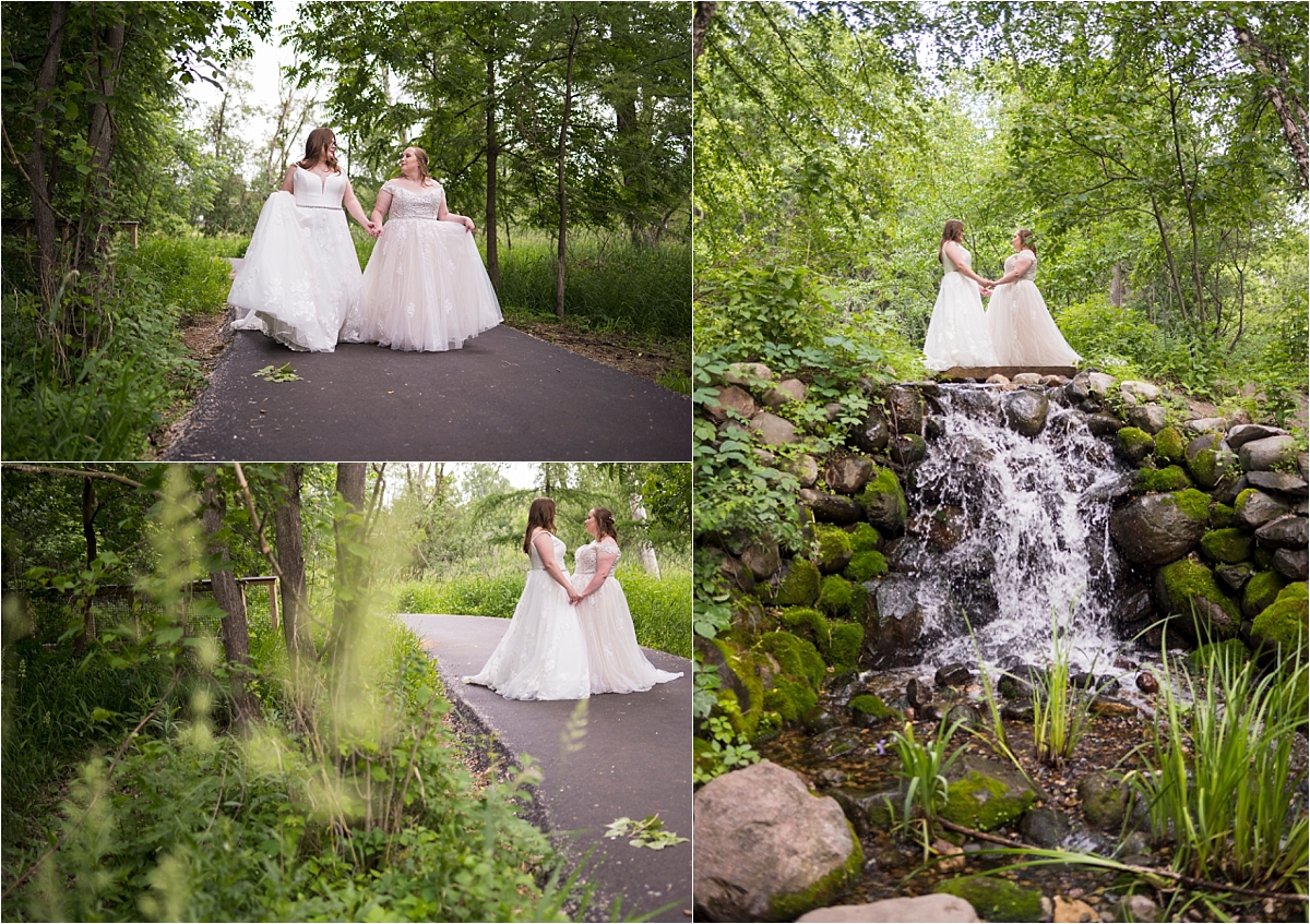Westwood nature center LGBTQ wedding brides nature path waterfall
